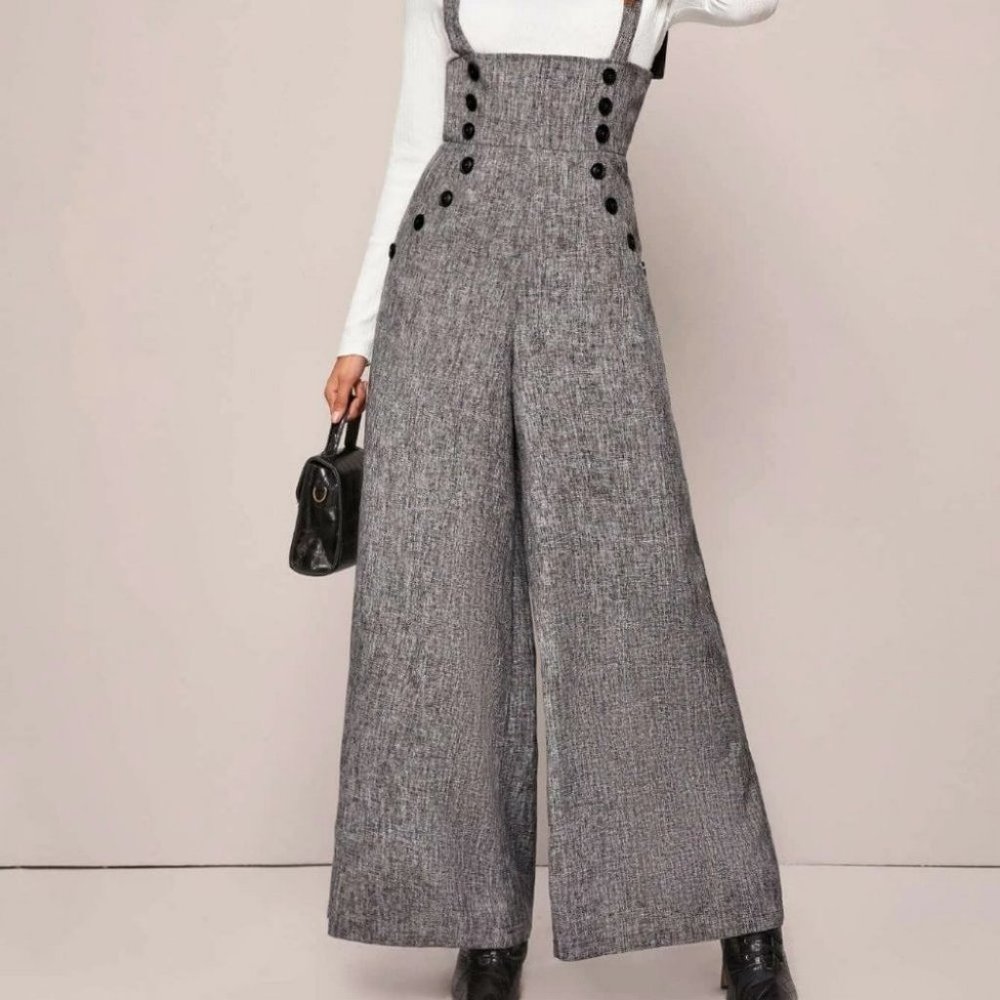GRAY LINEN LOOK POCKETED SUSPENDER JUMPSUIT CHIC CLASSY FALL WINTER - Picture 3 of 5